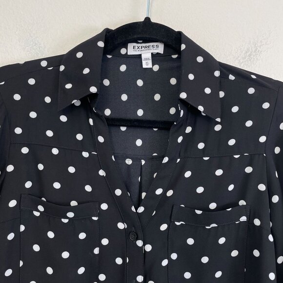 Express Portofino Shirt Womens XS Black White Polka Dot Roll Tab Sleeve Blouse - Picture 2 of 7